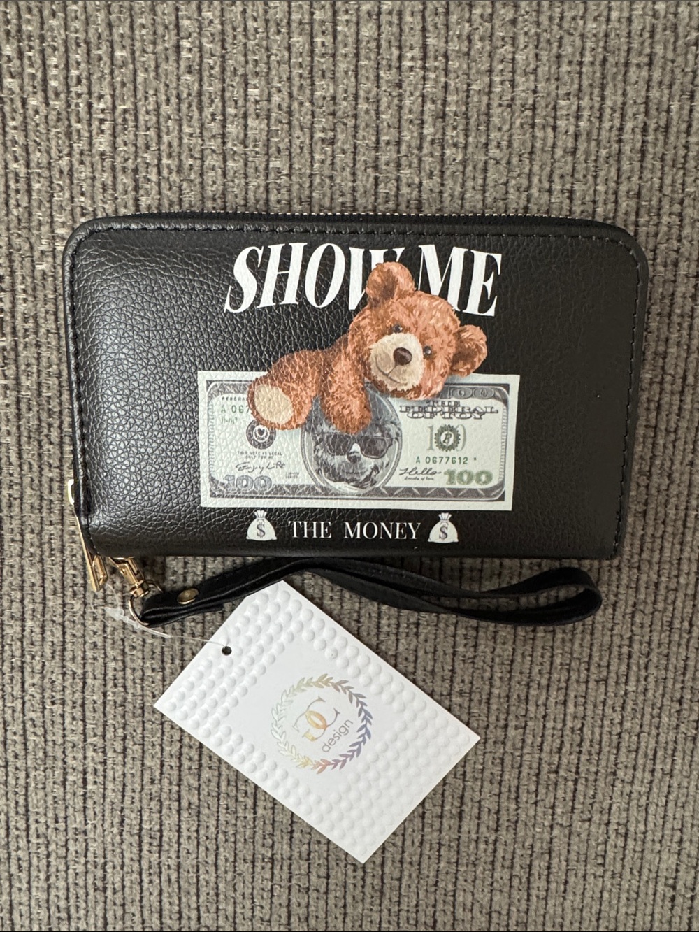 Show Me The Money Teddy Bear Zip Wallet Black Novelty Wristlet